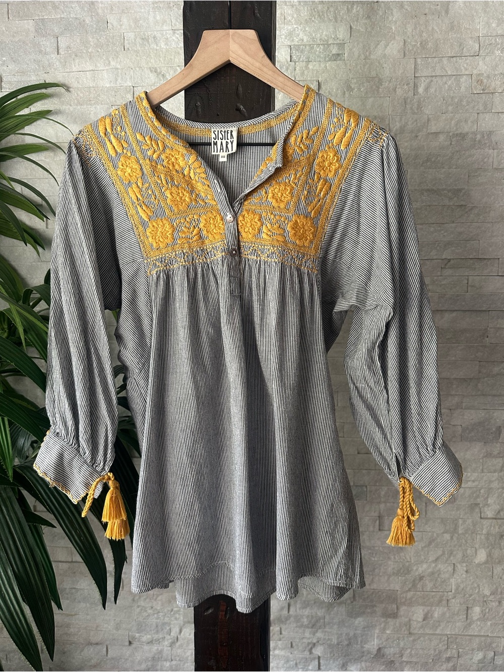 Sister Mary Gray Striped Boho Top with Yellow Embroidered Size Cotton XS